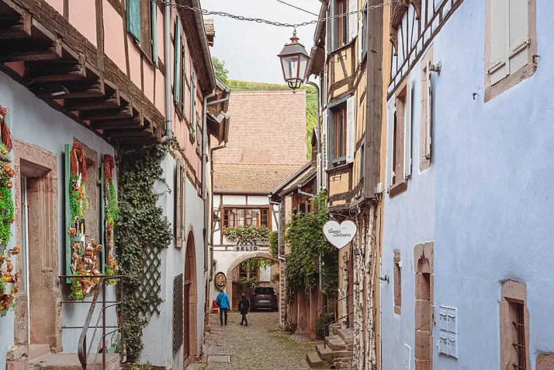 Rue pavée et maisons fleuries de Riquewihr